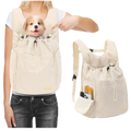 Beige soft-sided pet travel chest backpack with adjustable straps and front pocket for small dogs transport