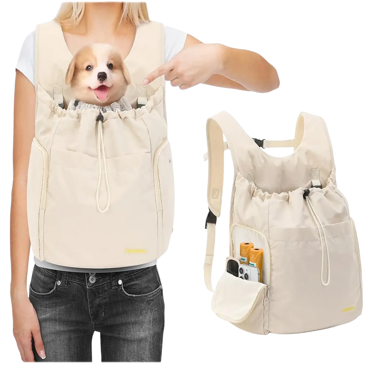 Beige soft-sided pet travel chest backpack with adjustable straps and front pocket for small dogs transport