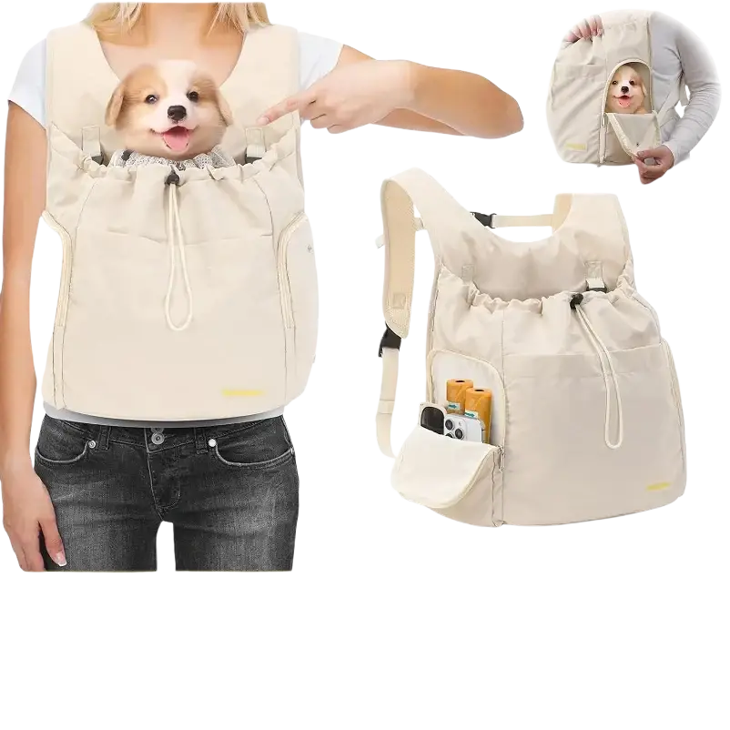 Beige soft-sided pet travel chest backpack with adjustable straps and multiple pockets for small dogs and cats