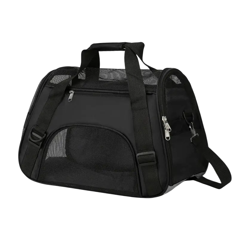 Black pet travel soft sided carrier with mesh panels and adjustable straps for comfortable space and ventilation