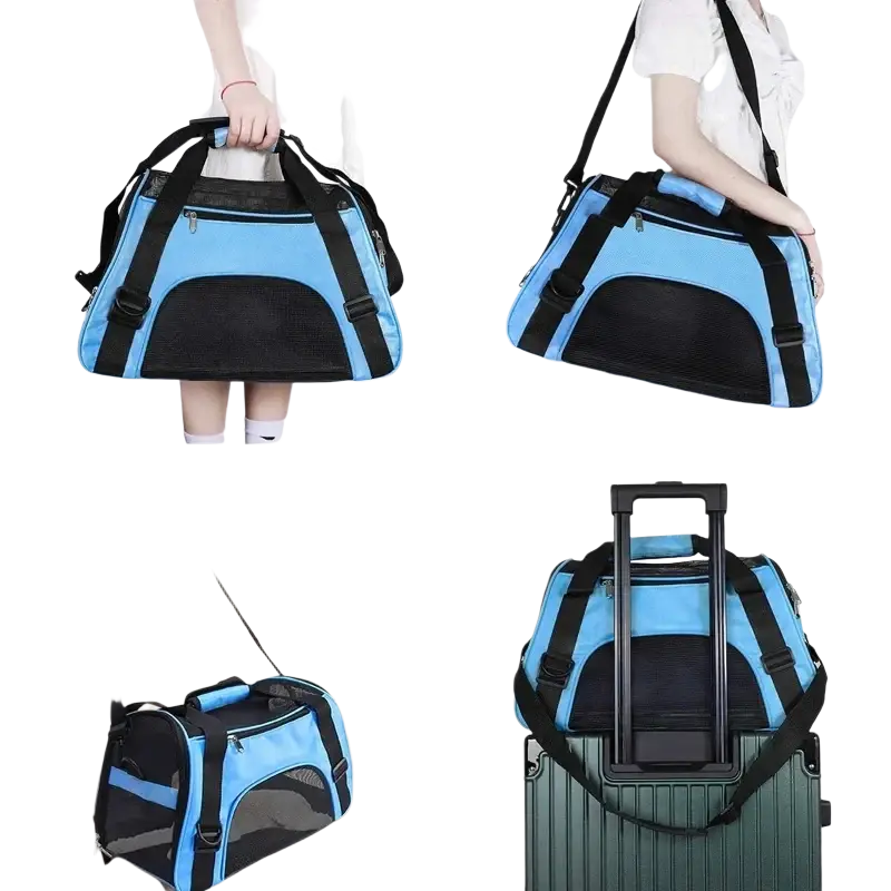 Blue and black soft sided pet travel carrier with mesh panels adjustable straps and retractable handle for comfortable space