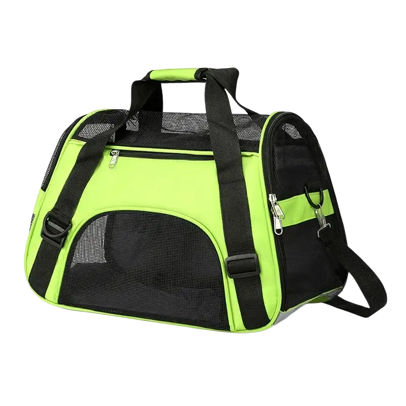 Bright neon green and black soft sided pet travel carrier with mesh sides, adjustable straps, and comfortable space design
