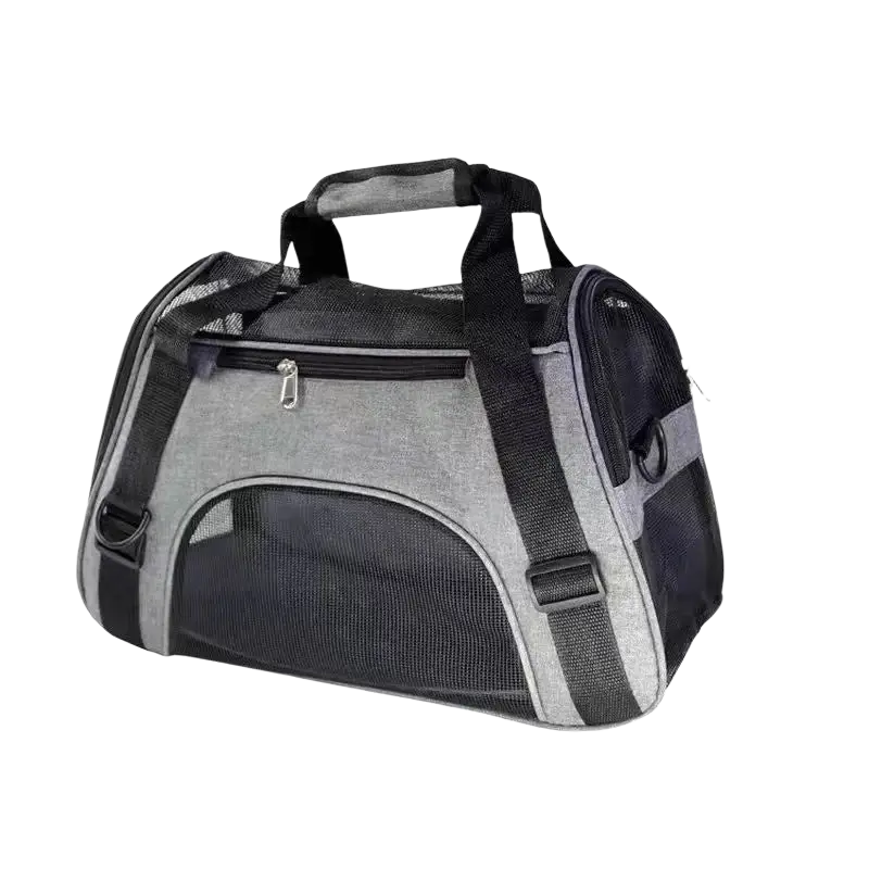Gray and black mesh pet travel soft sided carrier with sturdy fabric straps and top handle for comfortable space
