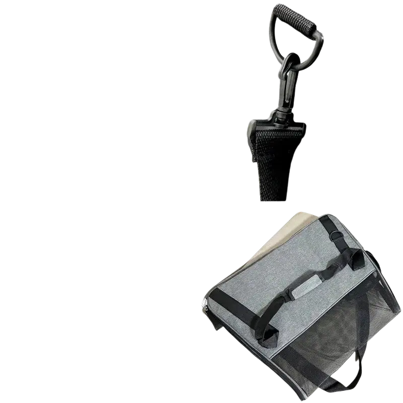 Gray mesh pet travel soft sided carrier with black straps and silver zipper providing a comfortable space
