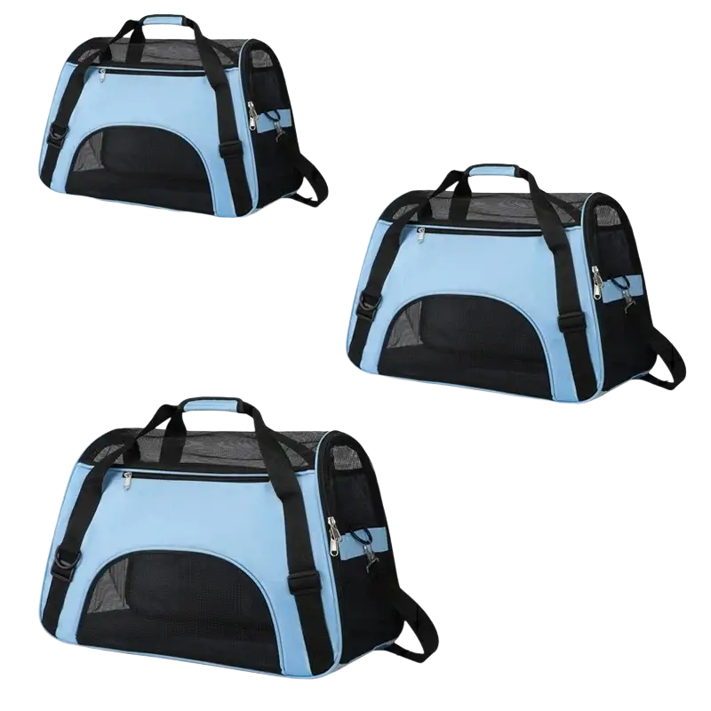 Light blue and black soft sided pet travel carrier with mesh ventilation panels for a comfortable space