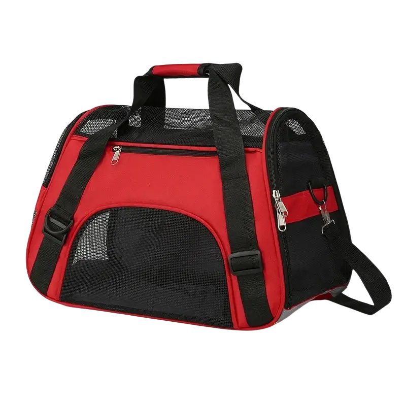 Red and black soft sided pet carrier with mesh sides and top handle providing a comfortable space for pet travel