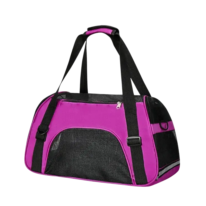 Vibrant pink and black soft sided pet travel carrier with mesh ventilation panels for a comfortable space