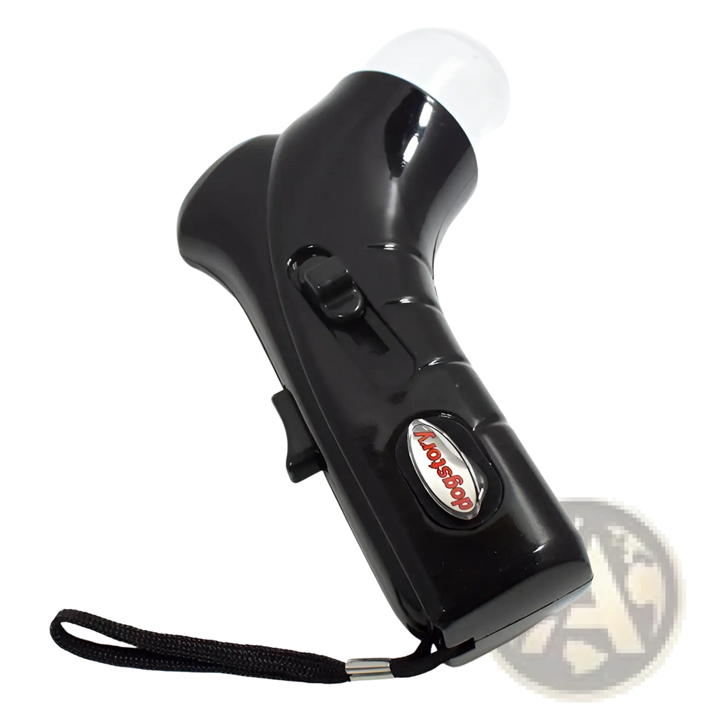 Black plastic pet treat launcher with glossy finish featuring oval red and silver toysrus logo for dogs and cats