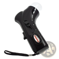 Black plastic pet treat launcher with glossy finish featuring oval red and silver toysrus logo for dogs and cats