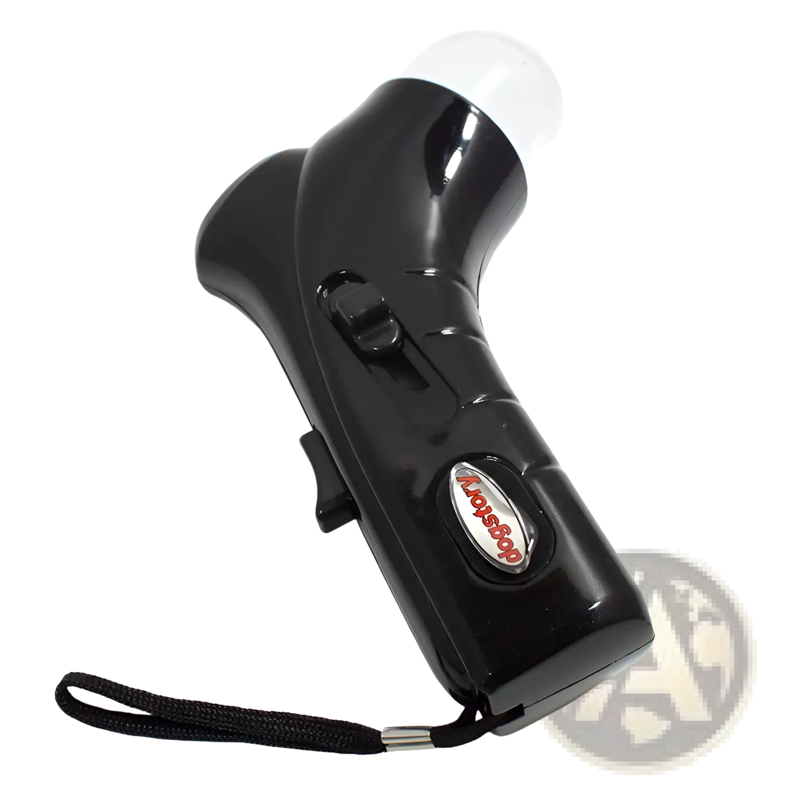 Black plastic pet treat launcher with glossy finish featuring oval red and silver toysrus logo for dogs and cats