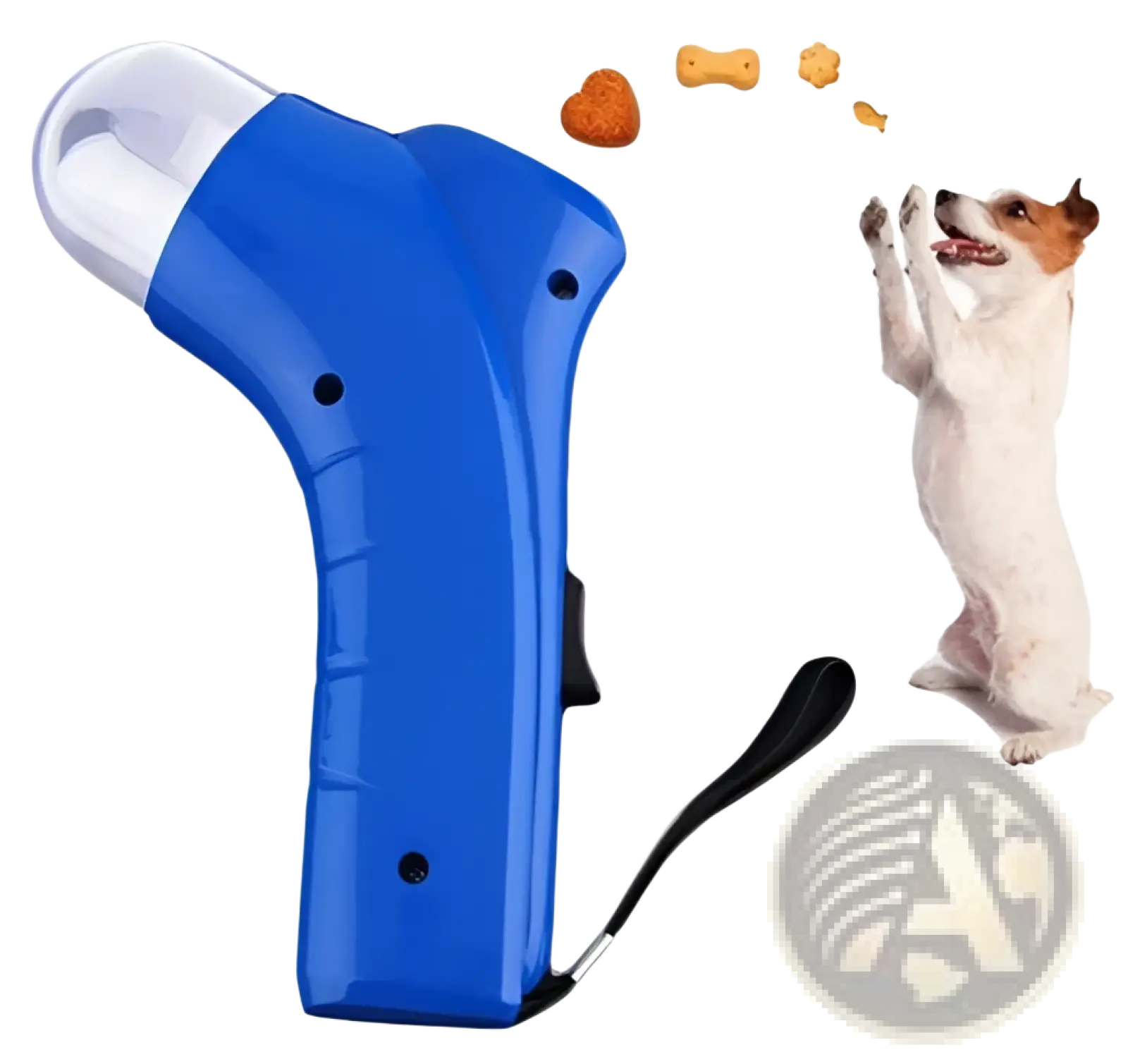 Blue plastic pet treat launcher with clear dome top and black wrist strap for portable dog and cat feeding