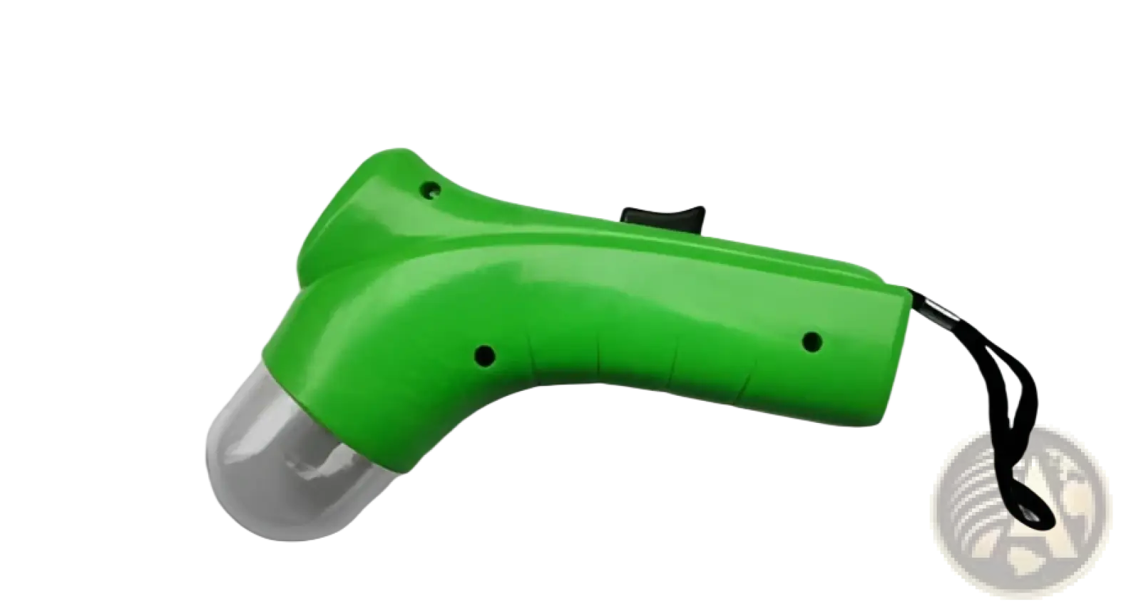Green plastic handheld pet treat launcher with clear lens and black strap for portable dog and cat food catapult use