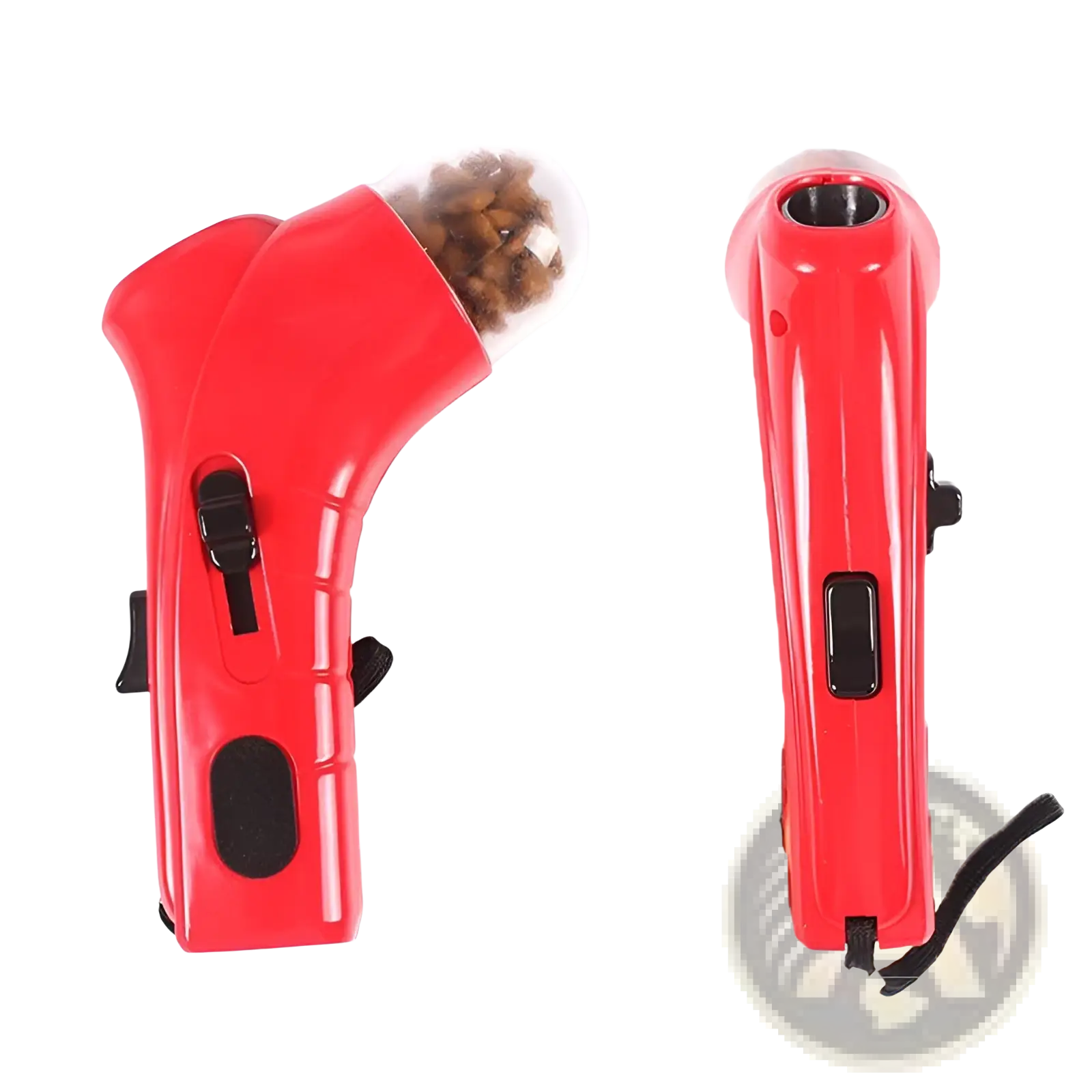 Red plastic pet treat launcher with clear dome top filled with brown kibble for portable dog and cat feeding