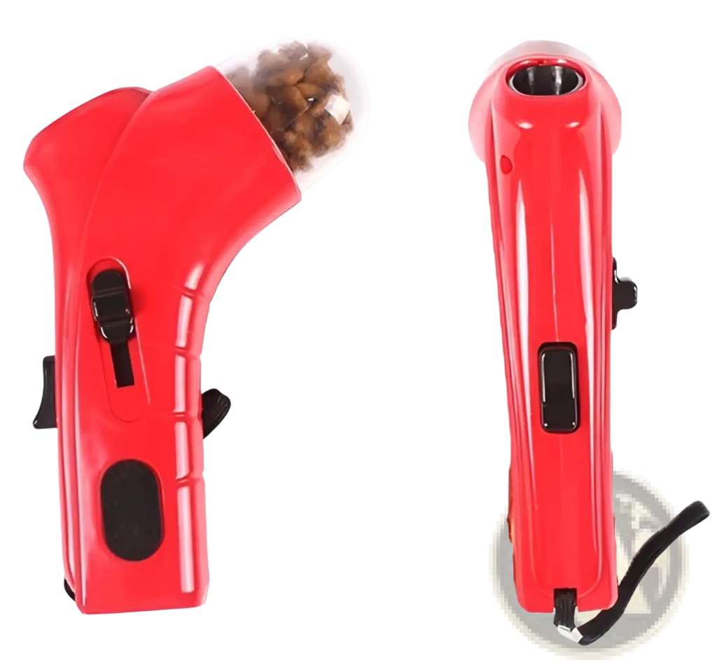 Red plastic pet treat launcher with clear dome dispenser filled with treats for dogs and cats portable use