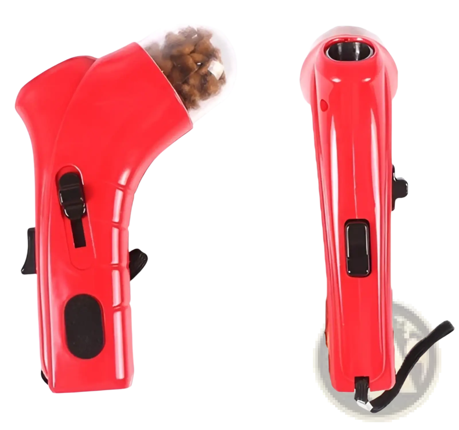 Red plastic pet treat launcher with clear dome dispenser filled with treats for dogs and cats portable use