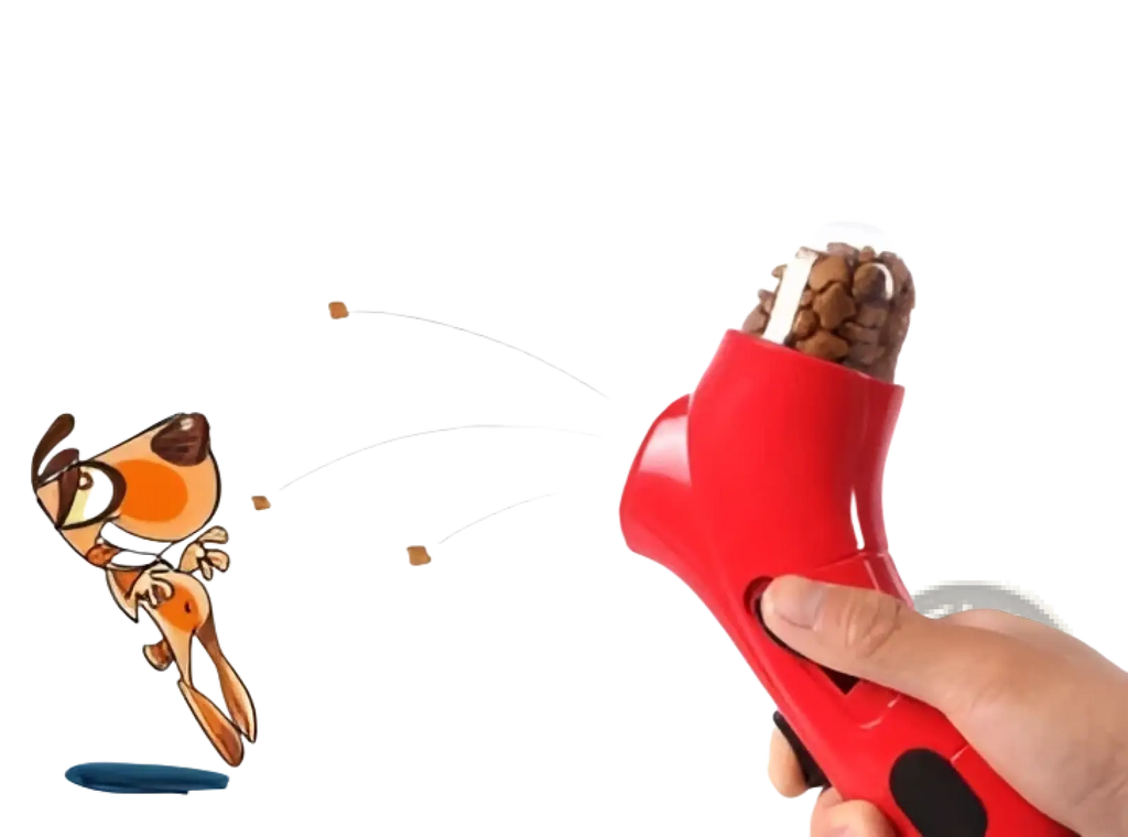 Red handheld pet treat launcher with black accents designed to eject treats in a playful arc for dogs and cats