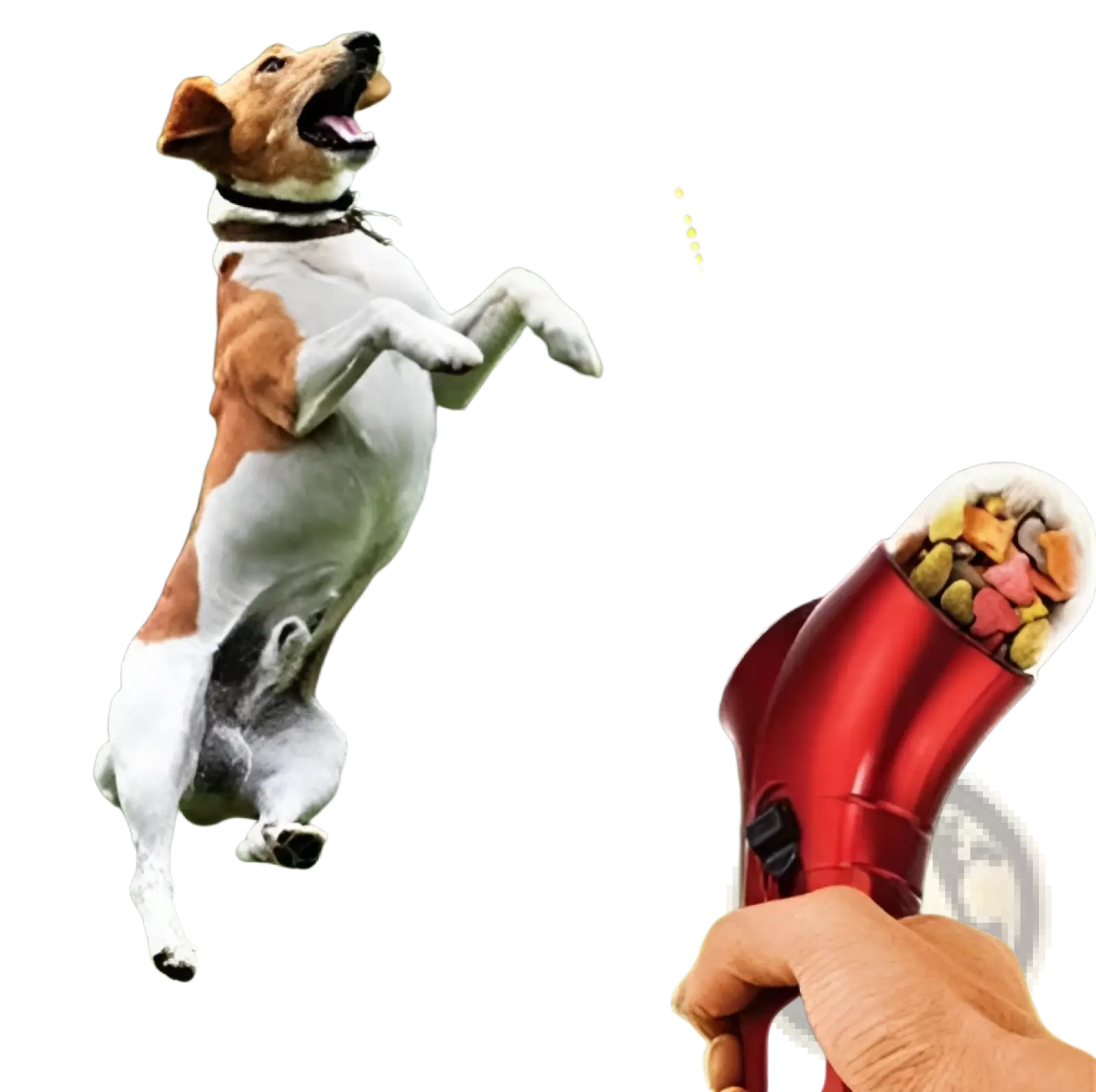 Red handheld pet treat launcher dispenser filled with colorful treats for portable dog and cat food catapult use