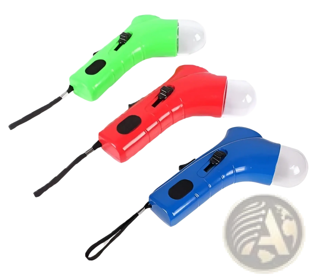 Three brightly colored plastic handled flashlights with led bulbs and black wrist straps for pet treat launching