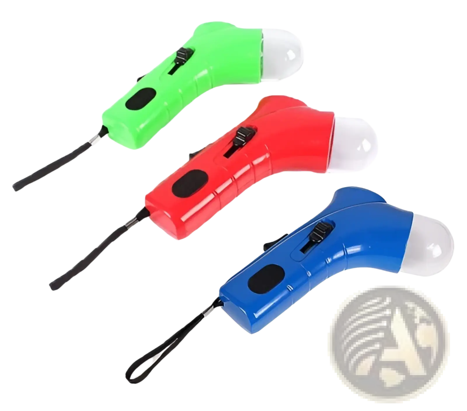Three brightly colored plastic handled flashlights with led bulbs and black wrist straps for pet treat launching