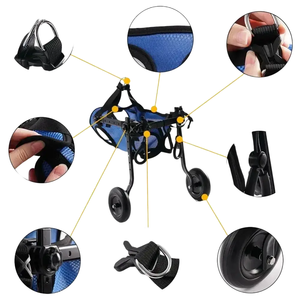 Blue mesh pet walk booster adjustable dog wheelchair with black metal frame and wheels for pet walk support