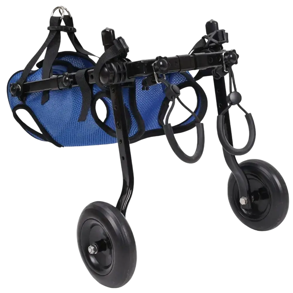 Blue mesh pet walk booster dog wheelchair with black metal frame and wheels for pet walk mobility support