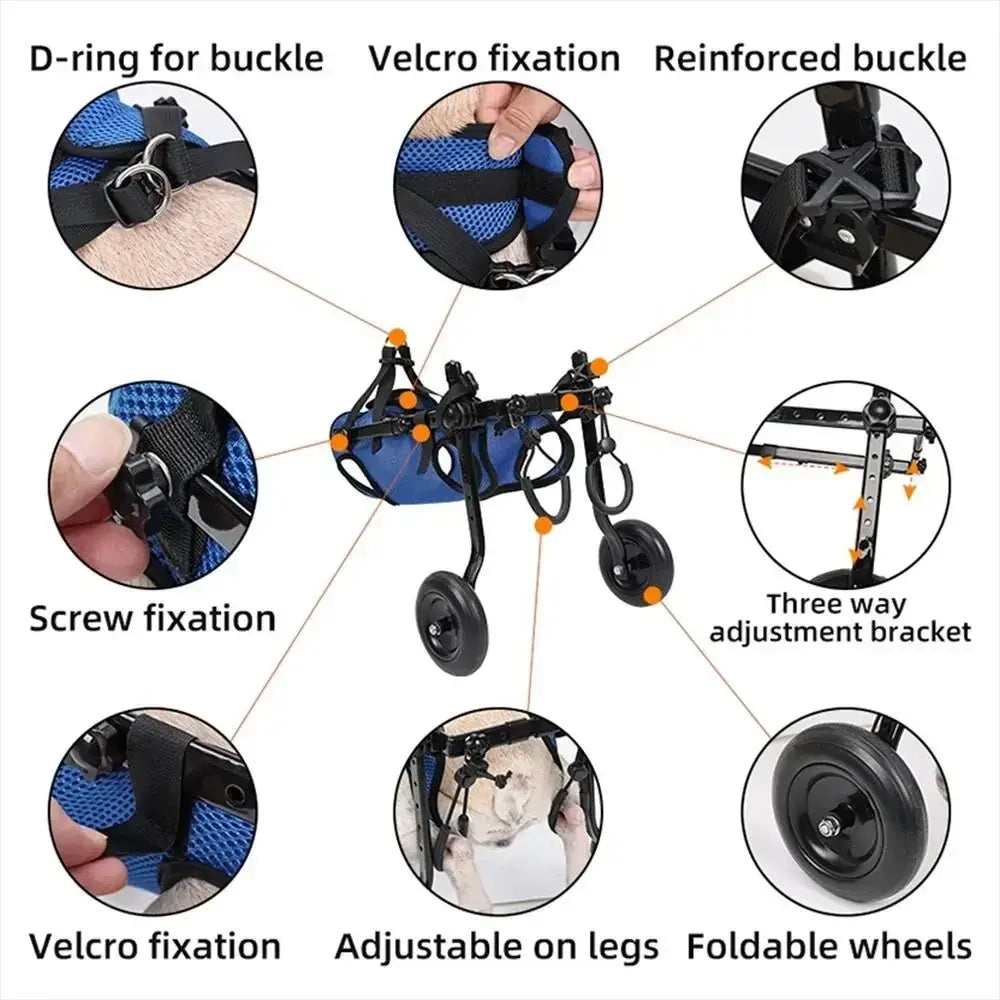 Blue mesh pet walk booster dog wheelchair with black metal frame and wheels for enhanced mobility support