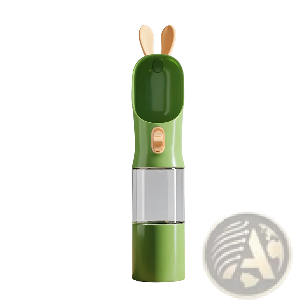 Green bunny-shaped pet water bottle with clear middle section and wooden ears for portable travel use