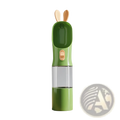 Green bunny-shaped pet water bottle with clear middle section and wooden ears for portable travel use