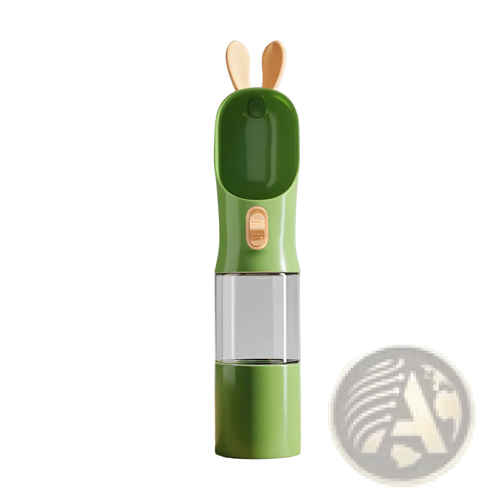 Green bunny-shaped pet water bottle with clear middle section and wooden ears for portable travel use