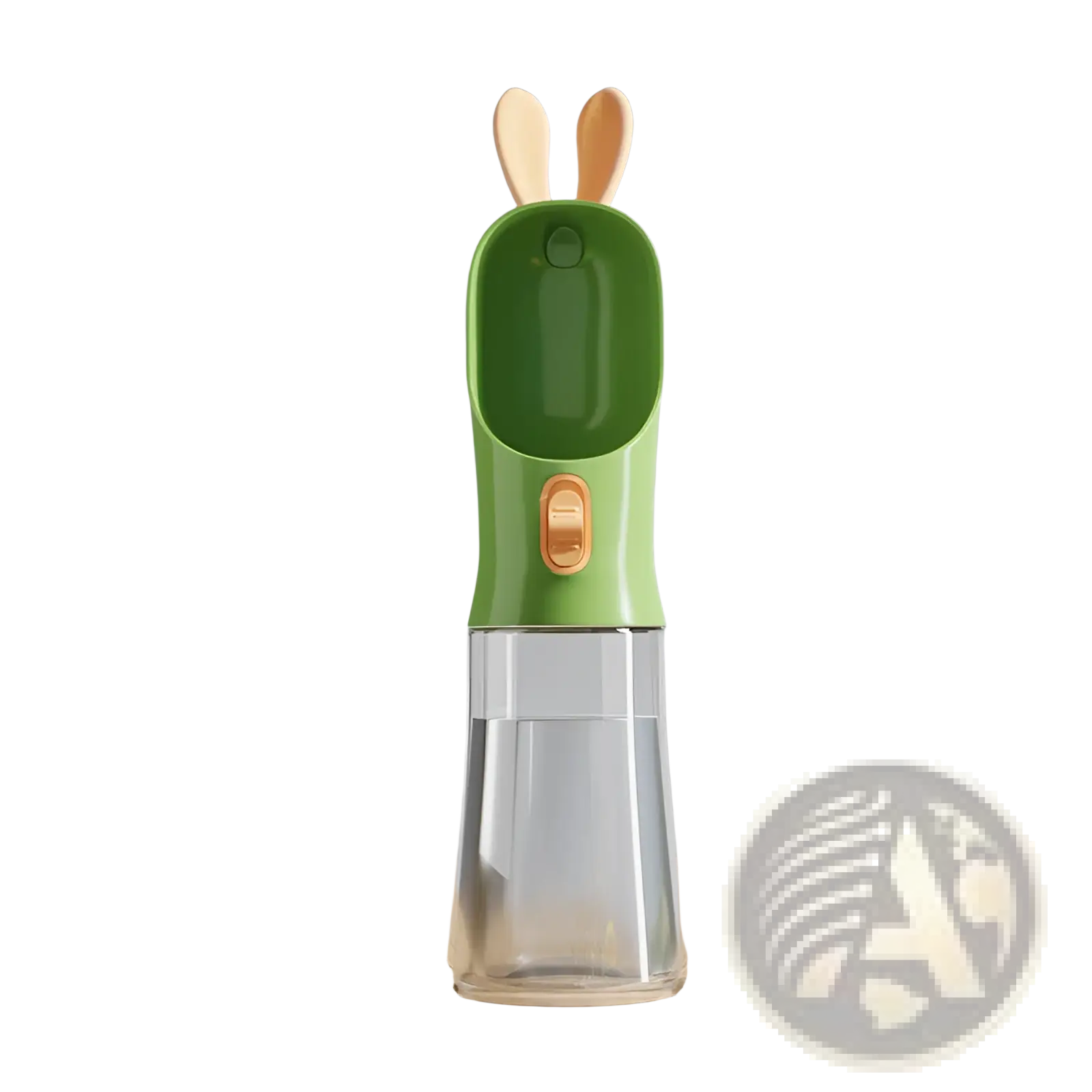 Green bunny-shaped pet water bottle with wooden ears and clear plastic base for portable travel dispensing