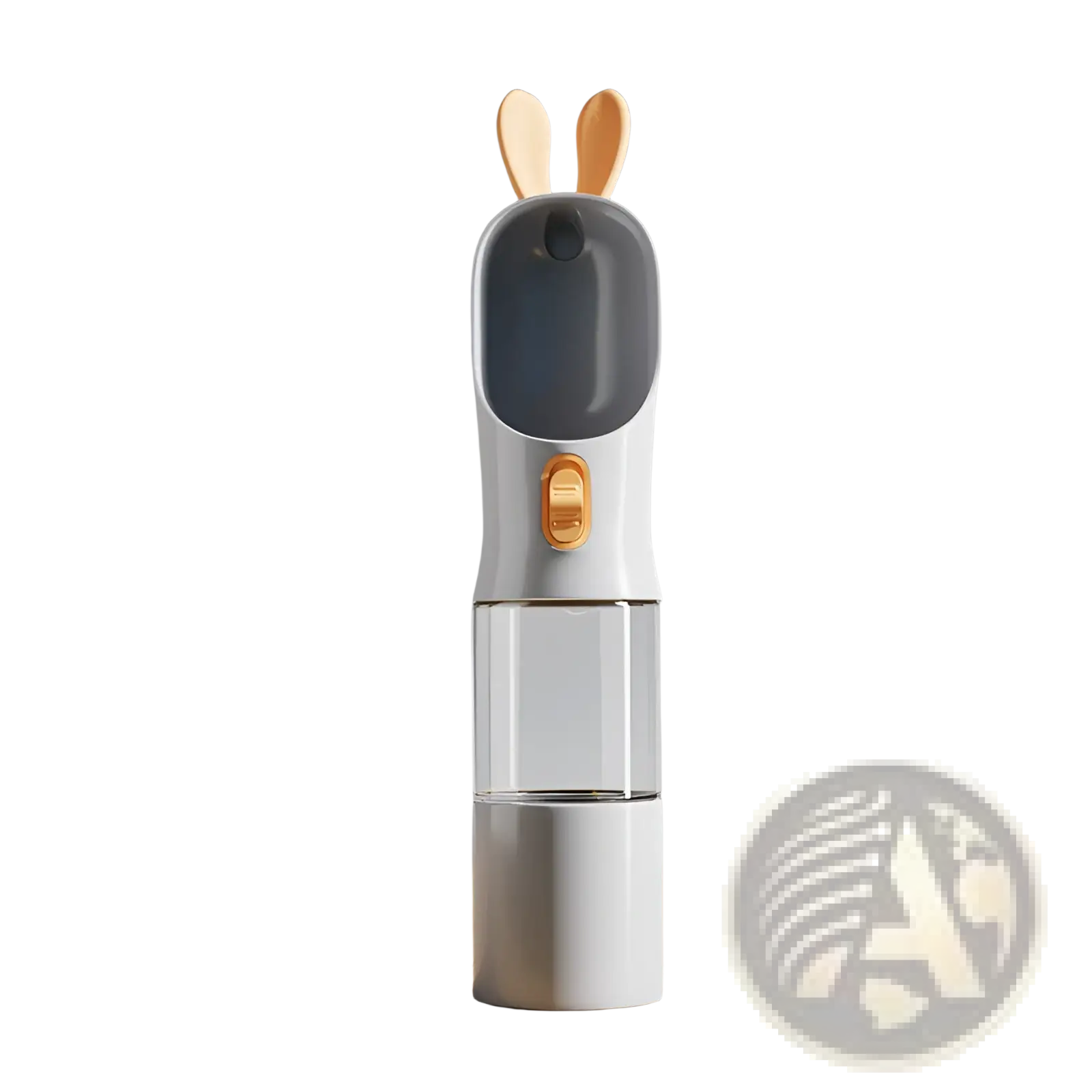 Grey pet water bottle with wooden bunny ears and orange toggle switch for portable travel dispensing
