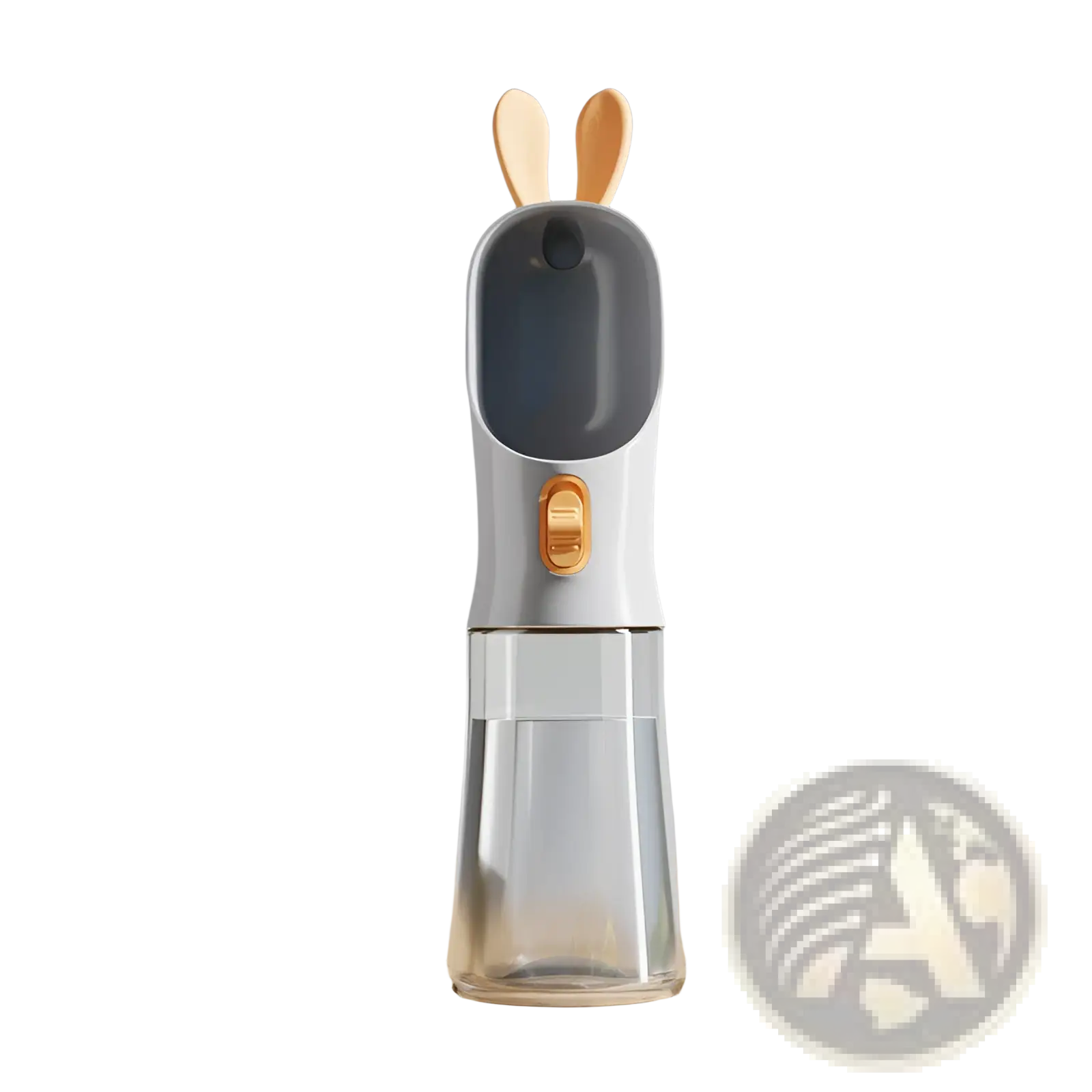 Grey pet water bottle with wooden bunny ears and gold-tone spout for portable travel dispensing