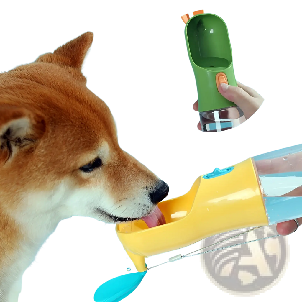 Yellow and green bunny shaped portable pet water bottle with a blue spout for dogs to drink from during travel