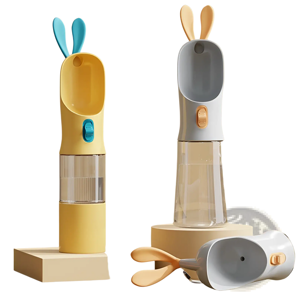 Yellow and blue bunny shaped pet water bottle with clear glass reservoir for portable travel use