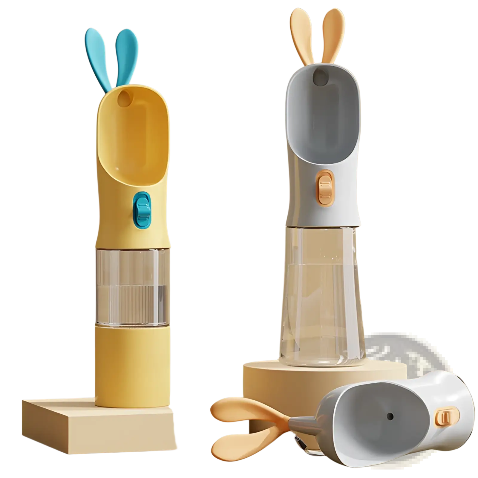 Yellow and blue bunny shaped pet water bottle with clear glass reservoir for portable travel use