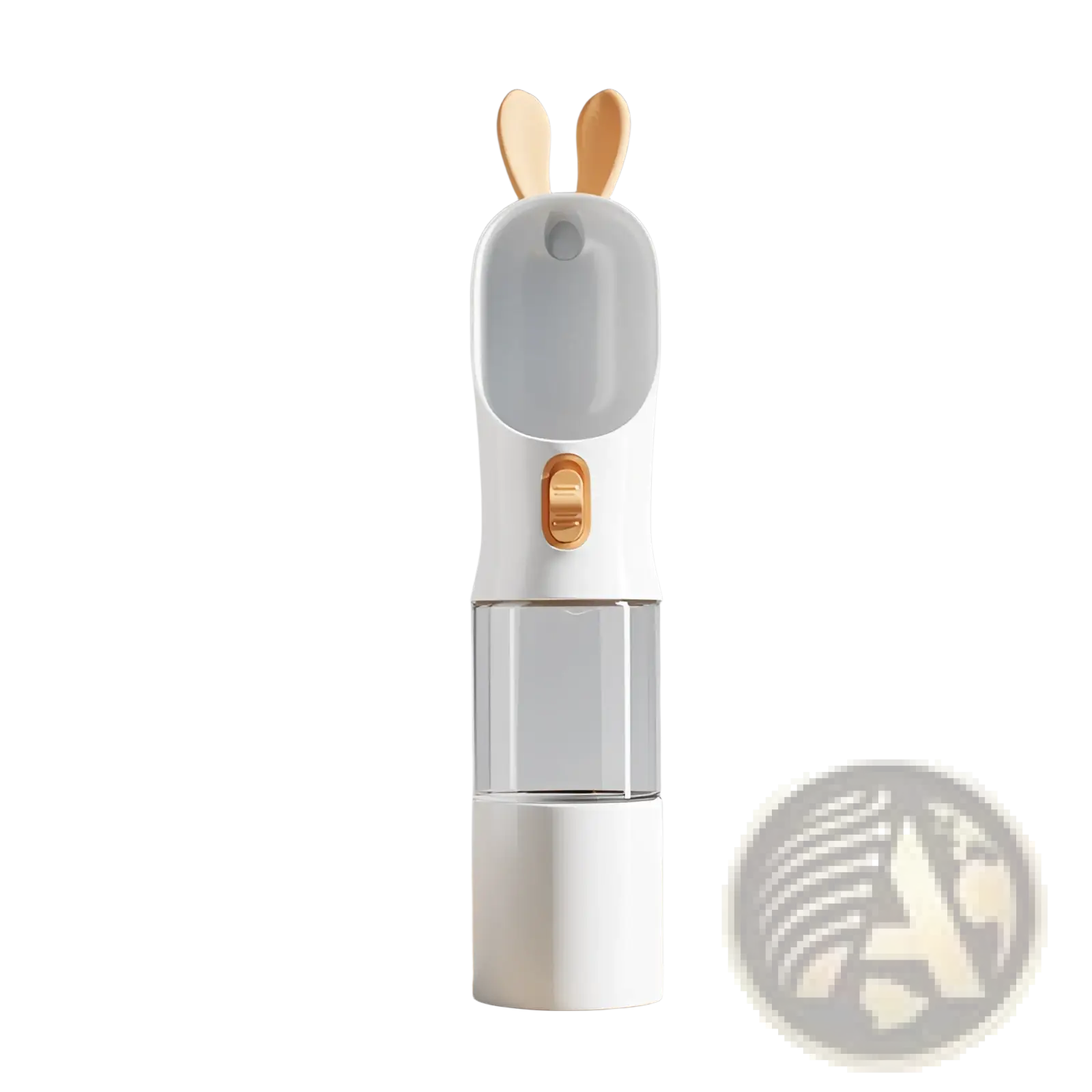 White pet water bottle bunny shaped portable travel dispenser with wooden ears and gold-tone button detail