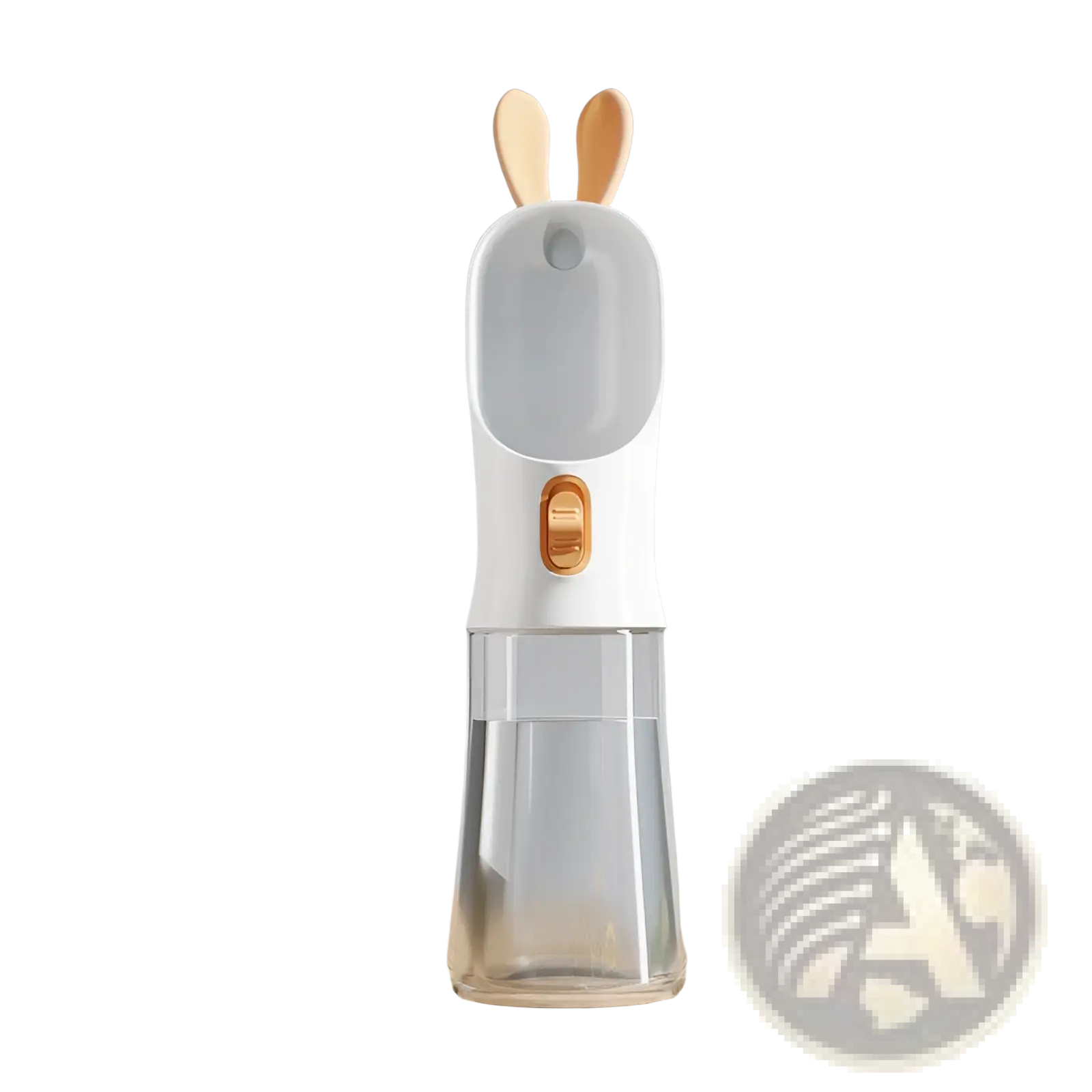White bunny shaped pet water bottle with clear glass base and gold tone spout portable travel dispenser