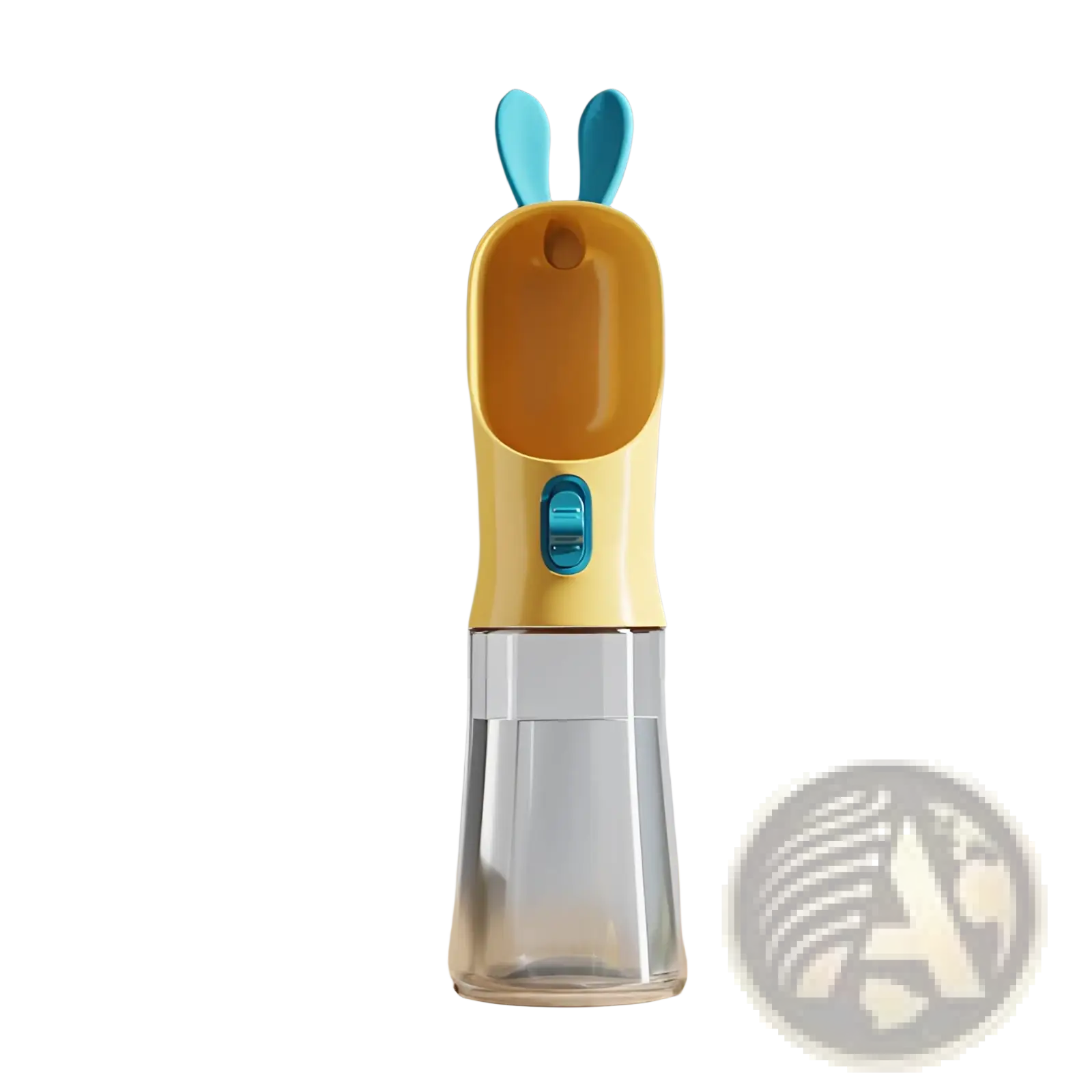 Yellow and blue bunny shaped pet water bottle with clear glass base portable travel dispenser