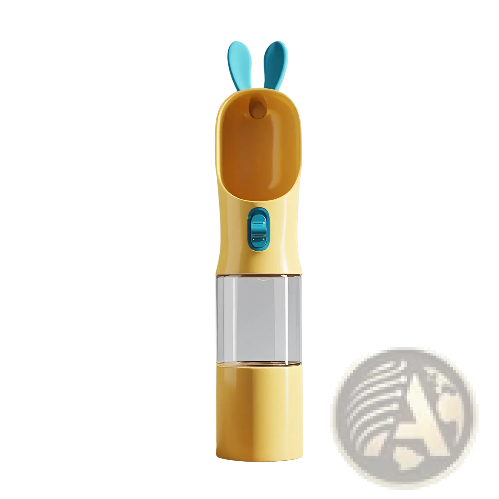 Yellow bunny-shaped pet water bottle with blue ears and clear plastic body for portable travel dispensing