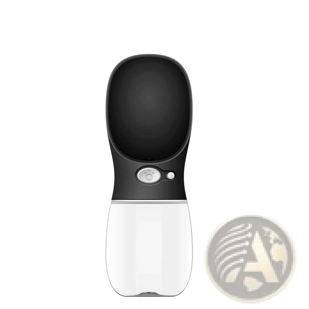 Black and white pet water bottle with sleek ergonomic design and button-controlled spout for portable outdoor use