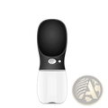 Black and white pet water bottle with sleek ergonomic design and button-controlled spout for portable outdoor use