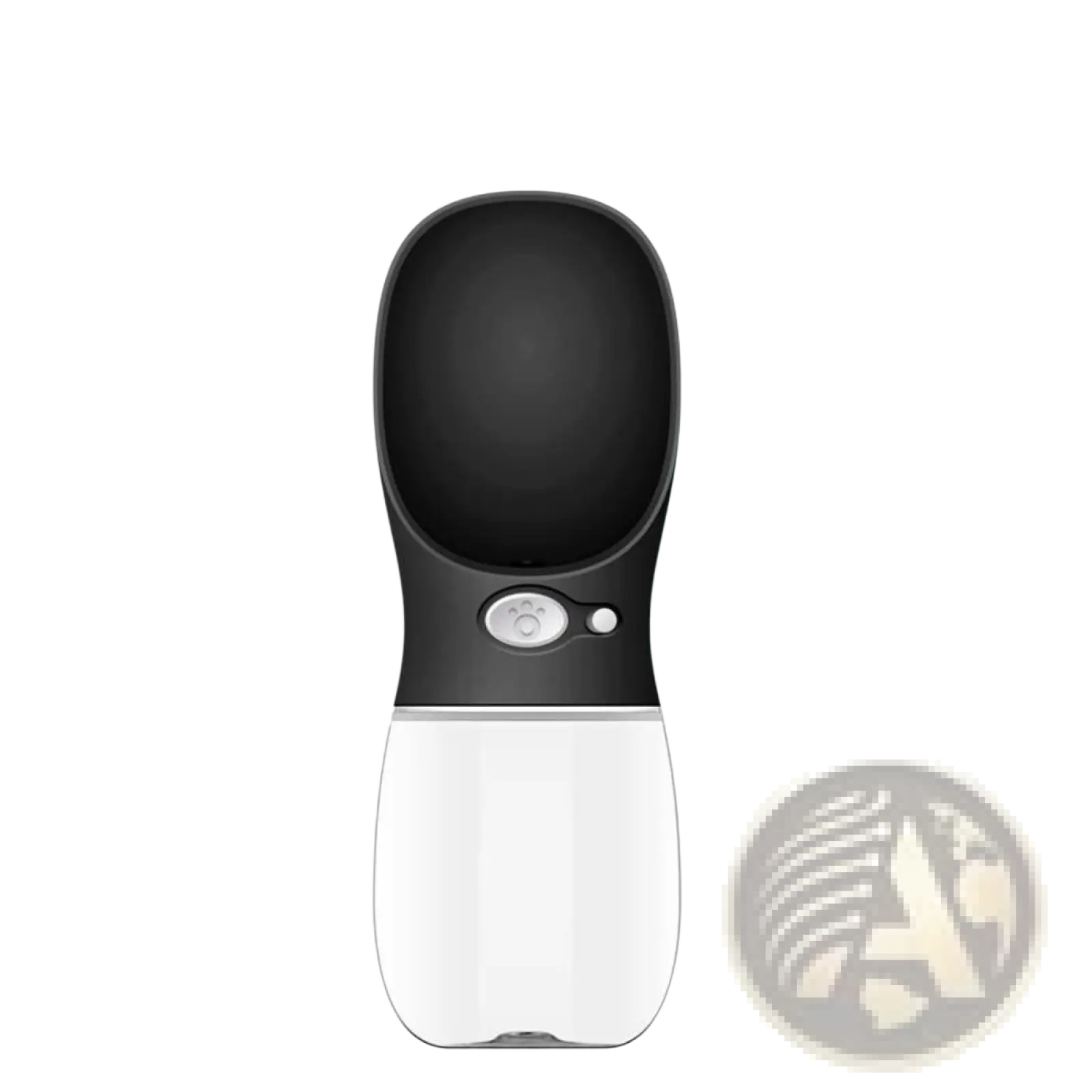 Black and white pet water bottle with sleek ergonomic design and button-controlled spout for portable outdoor use