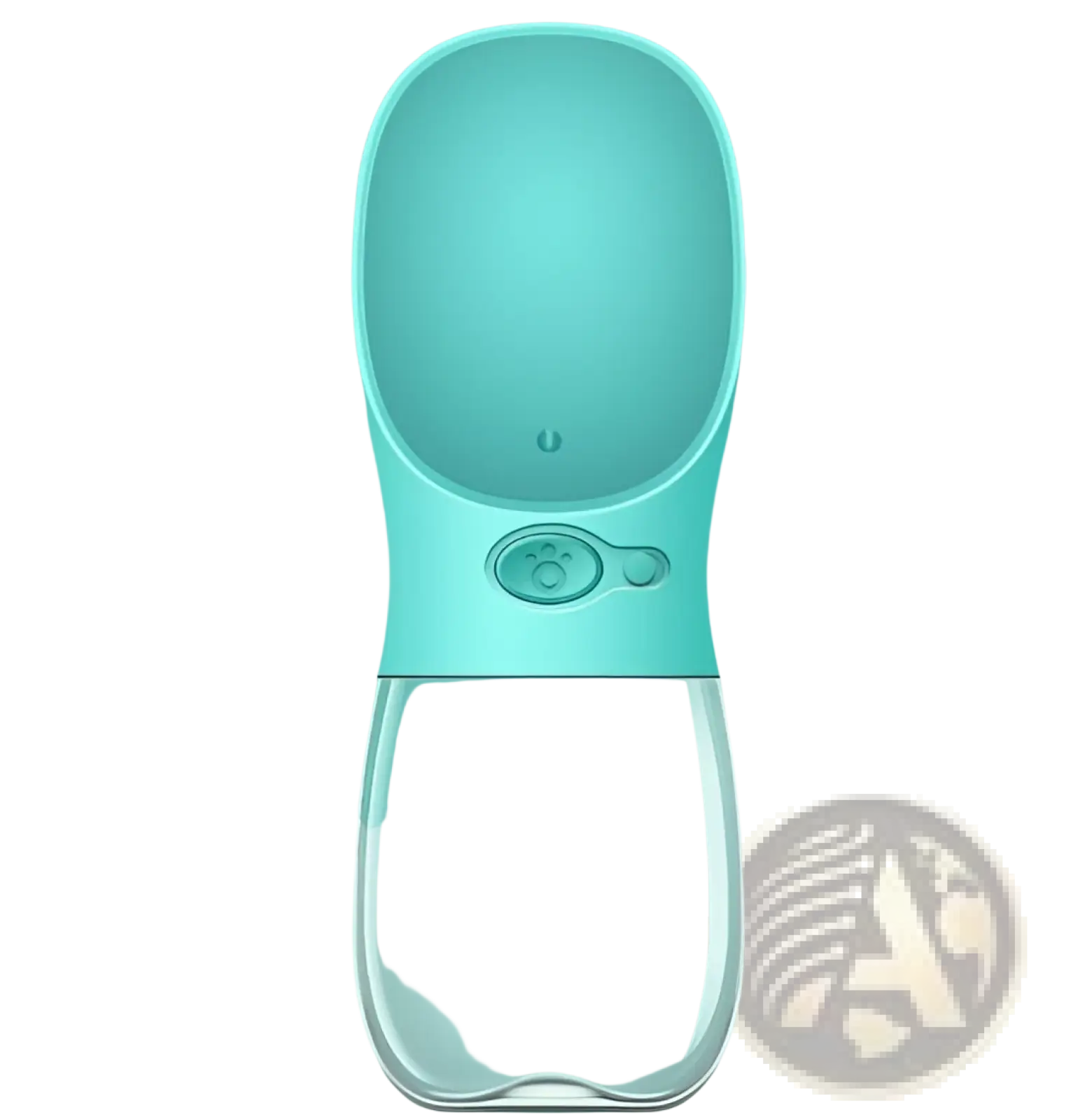 A sleek translucent teal pet water bottle with clear plastic base and soft-touch silicone spout for portable outdoor use