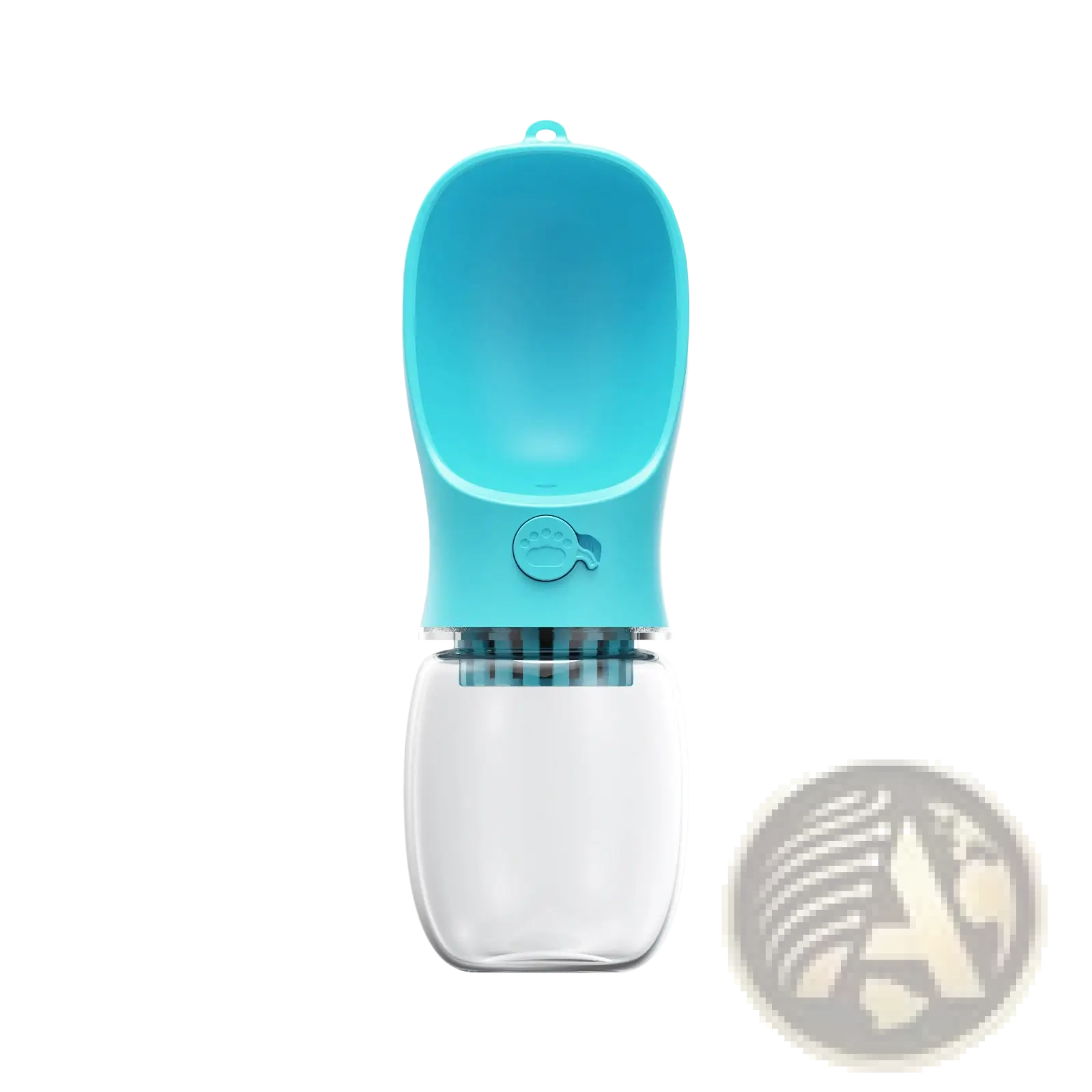 Turquoise silicone pet water bottle with clear plastic base and built-in filter for portable outdoor use