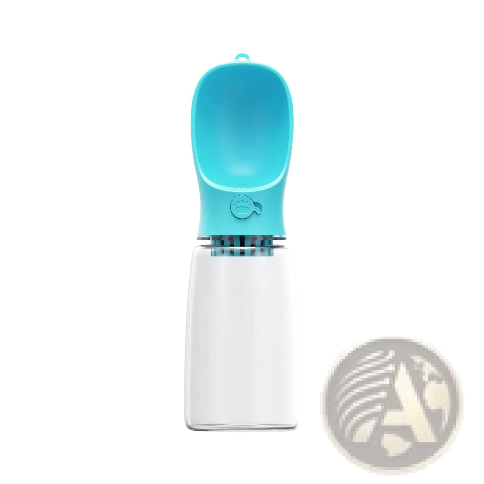 Translucent turquoise silicone pet water bottle with clear plastic base and integrated filter for portable outdoor use
