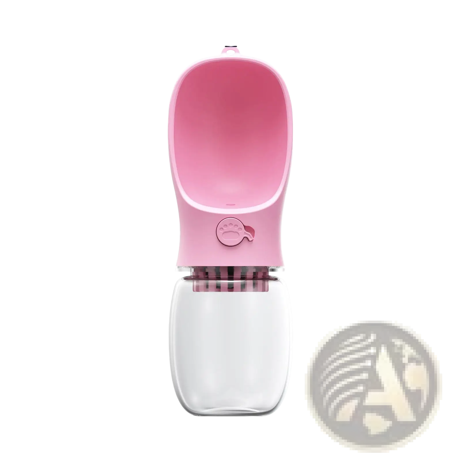 Pet water bottle portable outdoor leakproof cup with pink silicone spout, clear glass base, integrated filter, and dog face emblem