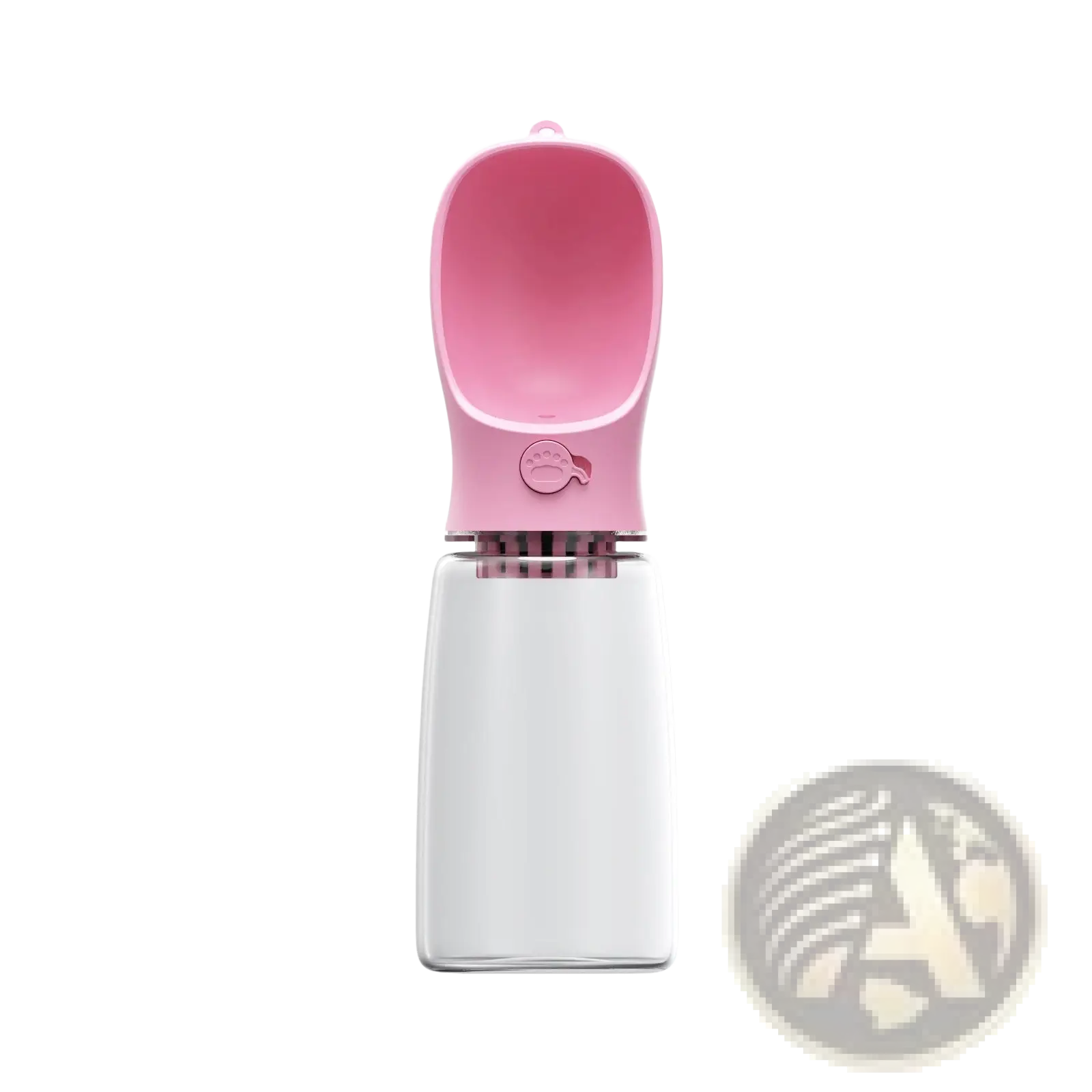 Pink silicone spout with built-in filter attached to clear plastic pet water bottle portable outdoor leakproof cup
