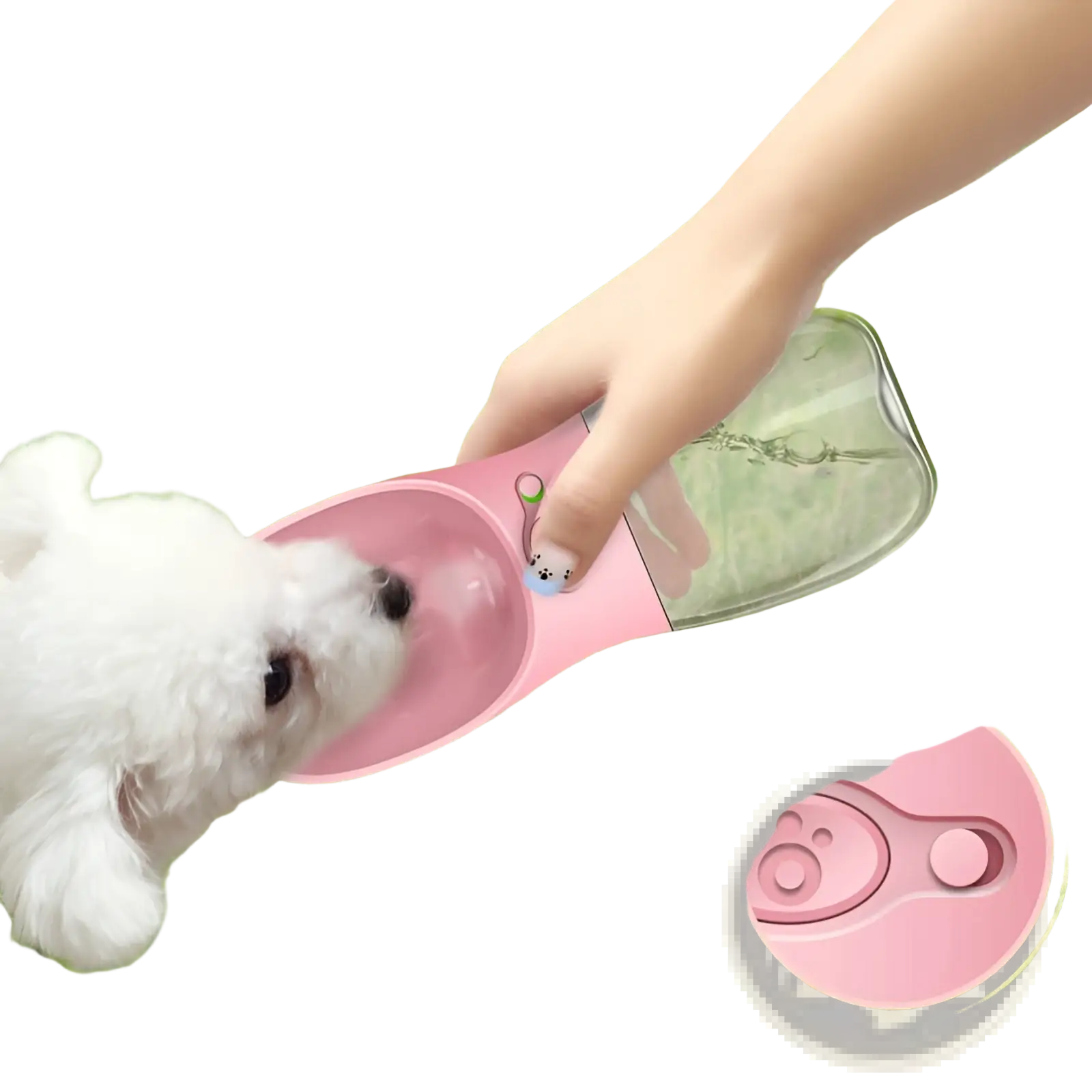 Pink plastic pet water bottle with clear glass reservoir and paw print design for portable outdoor use leakproof cup