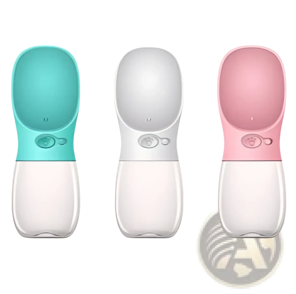 Three pet water bottles in teal white and pink silicone with clear plastic bases portable outdoor leakproof cups