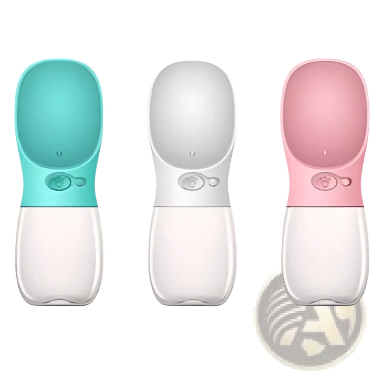 Three pet water bottles in teal white and pink silicone with clear plastic bases portable outdoor leakproof cups